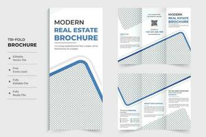 Hem försäljning företag tri vika ihop broschyr design med Foto platshållare. verklig egendom företag affisch och folder vektor för marknadsföring. modern hus försäljning företag broschyr med blå Färg former.