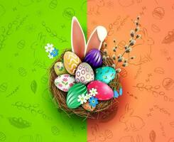 Ostern Design mit ein Nest, Eier mit ein Muster, Hase Ohren, ein Weide Zweig. vektor