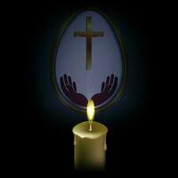 dunkel Ostern Komposition mit das Silhouette von ein Weiß Ei mit ein Kreuz und Hände, ein Verbrennung Kerze mit Stumpf Rauch. vektor