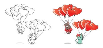 två katter och hjärta ballonger tecknad lätt målarbok för barn vektor