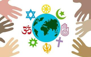 Hände um das Globus und das Symbole von das Religion. Vektor Illustration.