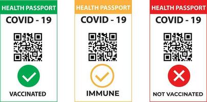 Impfstoff Reisepass oder covid 19 Zertifikat im Smartphone. Gesundheit Reisepass und Zertifikat von Impfung, Bestätigung von Immunität von Coronavirus mit qr Code zum Steuerung von Sicherheit im Telefon App. Vektor