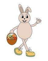 Ostern Hase mit ein Korb von Ostern Eier. Ostern Charakter im modisch retro 60er Jahre 70er Jahre Karikatur Stil. vektor