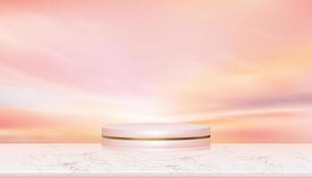 3d visa podium på marmor tabell topp över solnedgång damm himmel med moln, vektor tömma studio rum med cylinder stå på marmor golv textur med soluppgång himmel, bakgrund för spting, sommar presentation