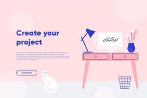 skapa din målsida för projektet. frilansarbetsplats, bord med dator, lampa och växt. platt vektorillustration. vektor