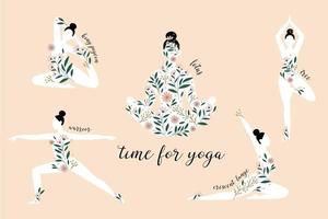 kvinnasilhuetter som står i olika yogaställningar. lotus pose silhuett. blommönster. vektor
