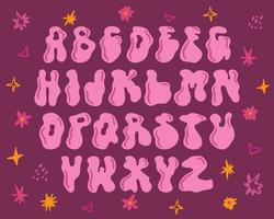funky Rave groovig Schriftart von das 60er Jahre im psychedelisch Stil. Vektor modern Karikatur Alphabet