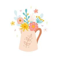 bukett av blommor i kanna, vektor platt hand dragen illustration. excellent för design av vykort, posters