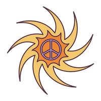 retro 70er Jahre groovig Hippie Aufkleber Frieden Symbol in Sonne. psychedelisch Karikatur Element - funky Illustration im Jahrgang Hippie Stil. Vektor eben Illustration zum Banner, Flyer, Einladung, Karte.