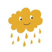 niedliche glückliche Karikaturwolke mit Regentropfen lokalisiert auf weißem Hintergrund. Kinderbild für Grußkarte oder Plakat, Feiertagsbanner, Sammelalbum. vektor