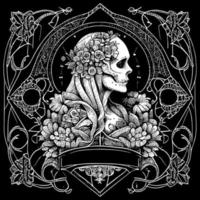 skalle flicka med blomma prydnad är en unik och fängslande illustration terar en stiliserade skalle Utsmyckad med blommor, förmedla en fusion av liv och död vektor