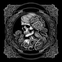 skalle flicka med blomma prydnad är en unik och fängslande illustration terar en stiliserade skalle Utsmyckad med blommor, förmedla en fusion av liv och död vektor