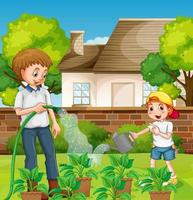 Outdoor-Szene mit Vater und seinem Sohn Bewässerungspflanze im Garten vektor