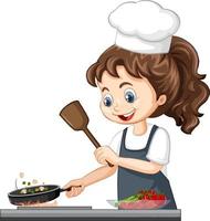 niedliche Mädchenfigur, die Kochmütze kochendes Essen trägt vektor