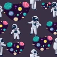 sömlös mönster söt tecknad serie astronaut på en blå bakgrund Plats sömlös mönster med planeter och stjärnor. klotter tecknad serie söt saturn planet. Plats vektor bakgrund för ungar,