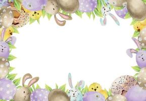 vattenfärg hand dragen påsk firande ClipArt. gräns ram med ägg, löv, kaniner, kyckling, Kulich bröd. isolerat på vit bakgrund. för inbjudningar, gåvor, hälsning kort, skriva ut, textil- vektor