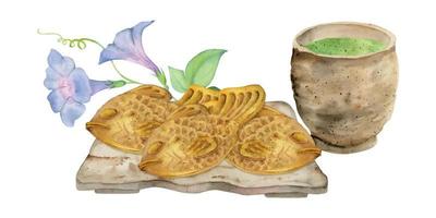 vattenfärg hand dragen traditionell japansk sötsaker. keramisk maträtt, taiyaki, sommar blommor och vindspel. isolerat på vit bakgrund. för inbjudningar, restaurang meny, hälsning kort, skriva ut, textil- vektor