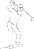 ett linje teckning av ung golf spelare svängande golf klubb och slå boll. koppla av sport begrepp. turnering befordran design vektor grafisk illustration
