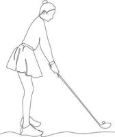 enda linje teckning av ung kvinna golf spelare svängande golf klubb och slå boll. koppla av sport begrepp. turnering befordran design vektor grafisk illustration