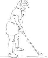 enda linje teckning av ung kvinna golf spelare svängande golf klubb och slå boll. koppla av sport begrepp. turnering befordran design vektor grafisk illustration