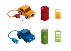 Auto angetrieben Benzin und Batterie Vergleich Symbol Objekt isometrisch Illustration Vektor