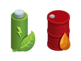 Batterie und Gas Fass Öl. elektrisch und Gas Leistung Ressource Symbol einstellen isometrisch Illustration Vektor