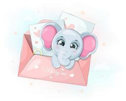 zart Elefant im ein Briefumschlag heiraten mich mit Liebe Briefe und ein Diamant Ring vektor