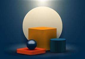 3D realistiska geometriska former blå, gul, röd färg hylla stående bakgrund med cirkel tom piedestal podium display på mörkblå bakgrund vektor