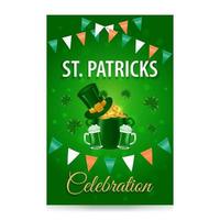 st patricks dag bakgrund. st. Patricks dag vertikal vektor design med traditionell Semester symboler pyssling hatt, skatt pott och glasögon av grön öl och ale på suddig grön bakgrund. vektor