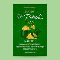 März 17 Party Einladung Poster Design. Hintergrund zum st. Patrick's Tag mit ein voll Topf von Gold und ein Bündel von Münzen, ein Kobold Hut auf ein Grün Hintergrund. Vektor Illustration.