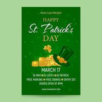 Einladung zu feiern st. Patrick's Tag auf März 17.. Poster Vorlage mit Vermögen, Kobold Hut und Kleeblatt auf Grün Hintergrund. Vektor Illustration.