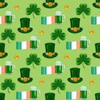 feiern st. Patrick's Tag mit nahtlos Muster mit das irisch Flagge, ein Kobold Hut, ein Bier Becher, und Gold Münzen auf ein nahtlos Hintergrund. zum dekorieren Wände, Verpackung Geschenke, Stoff Design. vektor