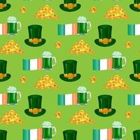erhalten in das st. Patrick's Tag Geist mit unser nahtlos Muster mit das irisch Flagge, Kobold Hut, Bier Becher, und Gold Münzen. zum Hintergrund, Stoff, Verpackung Papier. Vektor. vektor