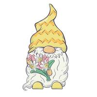 vektor påsk illustration med en Lycklig gnome med en bukett av vår blommor i hans händer. för kort, inbjudningar, förpackning design, affischer, grafik