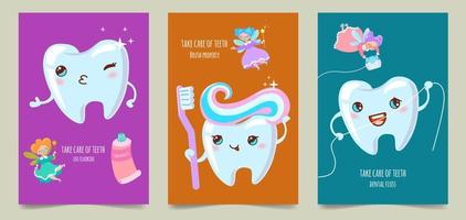 einstellen von motivierend Plakate Zähne, Zahn Fee, Zahnpasta und Bürste, Dental Zahnseide. vektor