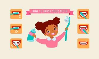 Mädchen halten Zahnpasta und Bürste. lernen Wie zu richtig Bürste Ihre Zähne zum Kinder, Morgen Hygiene, Dental Pflege, Schritt durch Schritt Anweisung Vektor eben Poster