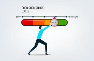 Bra kolesterol nivåer mätare med pil indikator för sjukvård och hjärta hälsa analys, en man tryckande bar till optimalt placera, diet- livsstil till öka HDL i de blod för kärl- hjärta vektor