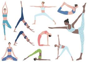 flacher Illustrationssatz der Frau, die Yogaübungen tut. Vektorikonen verschiedener Yoga-Positionen lokalisiert auf einem weißen Hintergrund. vektor
