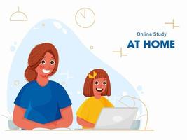 wenig Mädchen nehmen online Studie von Laptop beim Zuhause und jung Frau Schreiben auf Buch während Coronavirus Pandemie. vektor