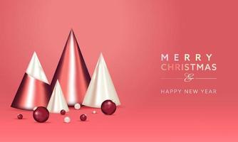 glad jul och Lycklig ny år begrepp med 3d glansig träd koner och grannlåt på ljus röd bakgrund. vektor