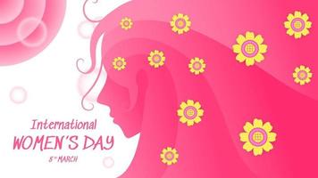 Banner Design zum International Damen Tag mit Kopf Damen Silhouette und Blumen. Gelb, Rosa und Weiß. einfach, modern und elegant Konzept. benutzt zum Gruß Karte, Hintergrund oder Banner vektor