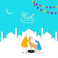 eid-ul-adha mubarak begrepp med muslim män innehav en tecknad serie get, halvmåne måne och papper skära moské på blå bakgrund. vektor