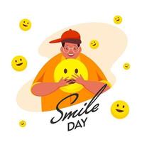 tecknad serie ung man innehav smiley emoji på vit bakgrund för leende dag. vektor