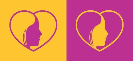 kvinna ansikte symbol med hjärta i gul och rosa färger vektor