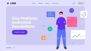 landning sida design med affärsman och annorlunda Arbetar bearbeta för ett plattform obegränsat möjligheter. vektor