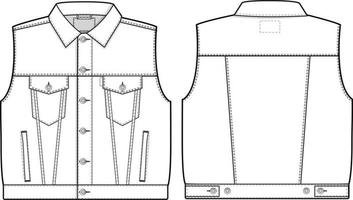 män unisex- överdimensionerad denim jean jacka väst avstängning ärmlös krage platt teknisk teckning illustration tom mock-up mall för design och tech förpackningar cad teknisk skiss streetwear vektor