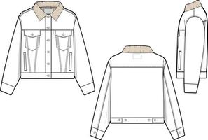 Frauen abgeschnitten Sherpa Denim Jacke Trucker Vektor eben technisch Zeichnung Illustration Attrappe, Lehrmodell, Simulation Vorlage zum Design und Technik Packungen Mode cad Strassenmode Mode Marke Design Ressource Datei schlank.