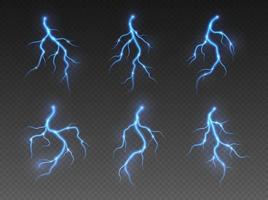 Gewitter Blitz, Blitz schlagen, realistisch elektrisch Reißverschluss, Energie Blitz Licht Wirkung, Blau Blitz Bolzen vektor