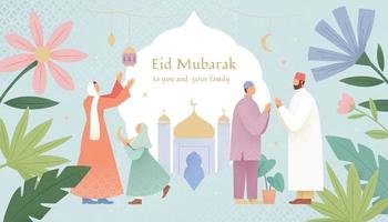 süß Pastell- Ramadan, Hari raya oder eid al-fitr Illustration mit botanisch Dekoration. Muslim Männer Gruß zu jeder andere und Frau dekorieren zum das Urlaub. vektor