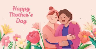 warm Mutter Tag Banner Vorlage von Erwachsene Tochter Umarmen ihr alt Mutter mit Blume Dekoration. Konzept von vielfältig Familie